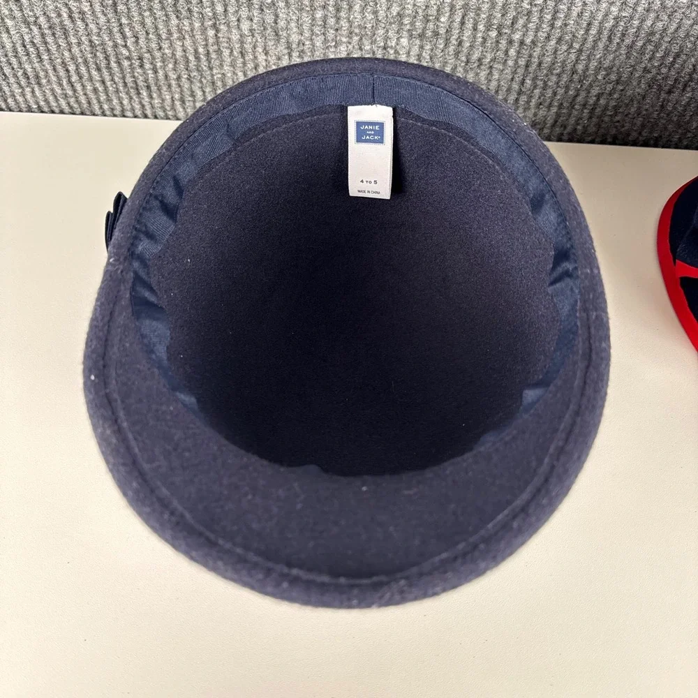Janie and Jack Kids Navy Blue Wool Felt Cloche Hat‎ Red Grosgrain Bow Size 4-5